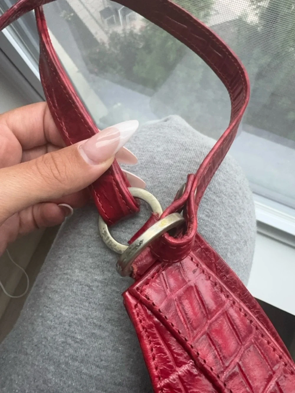 Red Croc-Embossed Shoulder Bag